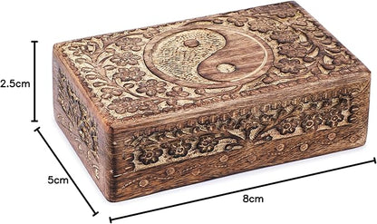 Ajuny Handcrafted Wooden Jewelry Box with Tai Chi Flower Carving – 8x5 Inch Treasure Chest for Keepsakes, Trinkets, Gifts, Decorative Storage Box for Men & Women, Home Organizer