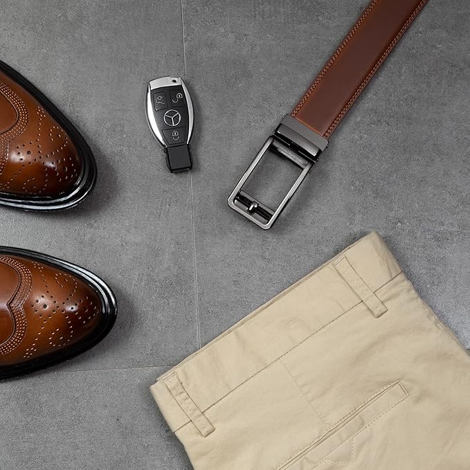Founders & C Men's Leather Ratchet Comfort Click Belt Dress with Slide Buckle -Adjustable Trim to Fit