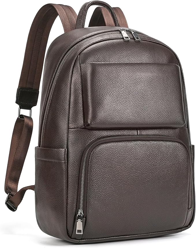 Genuine Leather 15.6 Inch Laptop Backpack for Men, Multi Pocket Casual Daypack Shoulder Bag for Business Travel Outdoor, Coffee