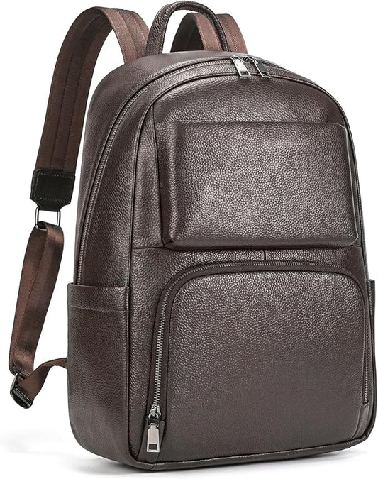 Genuine Leather 15.6 Inch Laptop Backpack for Men, Multi Pocket Casual Daypack Shoulder Bag for Business Travel Outdoor, Coffee
