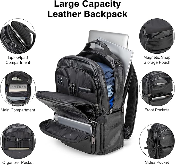 Tzowla Full Grain Genuine Leather Laptop Backpack for Men and Women,Business Work Travel Slim Daypack Fits 15.6 Inch Notebook/Computer-Black