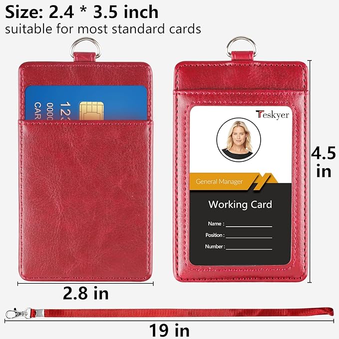 Teskyer Badge Holder with Lanyard, Leather ID Name Badge Card Holder with Lanyard for ID Badges, Vertical Wine Red