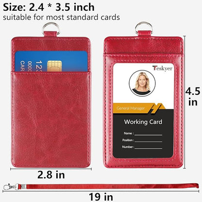 Teskyer Badge Holder with Lanyard, Leather ID Name Badge Card Holder with Lanyard for ID Badges, Vertical Wine Red