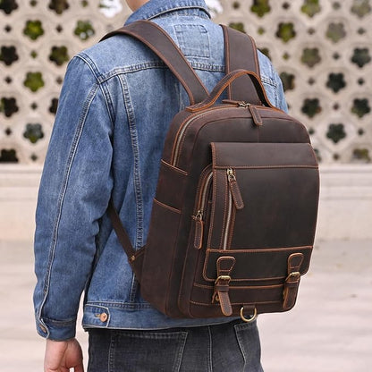 Vintage Full Grain Leather Backpack for Men, 16" Laptop Rucksack For Men Hiking Trave Work Business Bag, 1829 Dark Brown