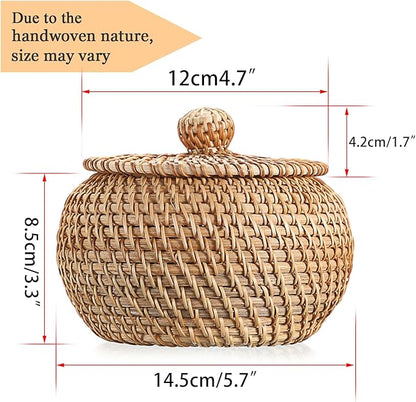 Hipiwe Round Rattan Basket Boxes With Lid Hand-Woven Wicker Storage Baskets Bin Decorative Basket Box Multi-Purpose Picnic Food Bread Basket Small Keys Basket Bowl for Entryway (X-Small,4.7"x3.3")