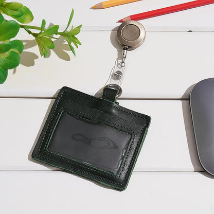 Wonderpool Leather Horizontal Badge Holder with Detachable Neck Lanyard and Retractable Badge Reel Clip, Card Slots Case ID Card Holder for ID Badges Card and Driver Licence (Black)