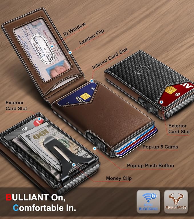BULLIANT Men Wallet,Magnetic Metal Wallet Money Clip 9Cards Pop-up Access RFID Blocking