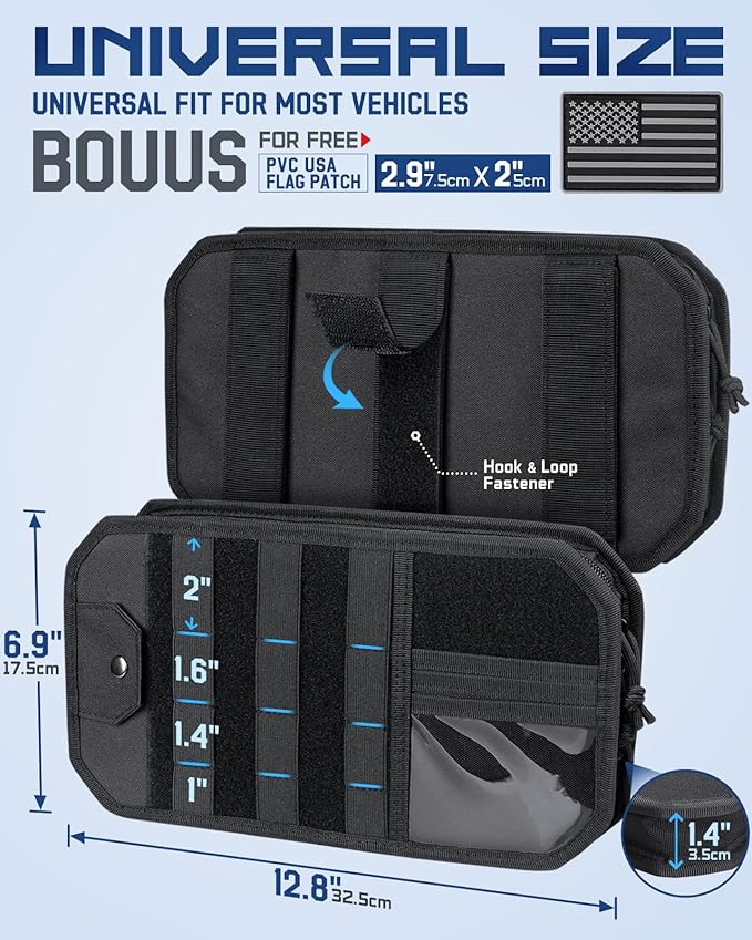 Molle Car Sun Visor Organizer with Zipper Storage Pouch & Glasses Holder, Auto Semi-Rigid MOLLE Panel for Police Gear & Overland Accessories, Fit Most Cars, Trucks, Patrols & Vans