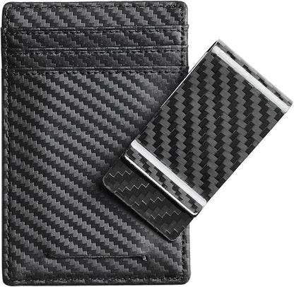 Travelambo Money Clip for Men Carbon Fiber Clip Wallet Leather Slim Minimalist Card Holder RFID Blocking (Weaved Black)
