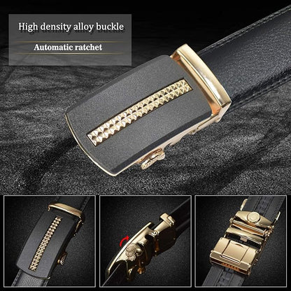 JINIU Men's Ratchet Belt Buckle, Black Genuine Leather Slide Belt for Men Dress Suit, Micro Adjustable Trim to Fit Boxed