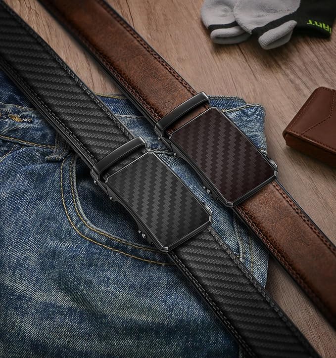 KEMISANT Men Belt 2 Pack, Leather Ratchet Belt Easy Click Slide For Men 1 3/8",Cut for Fit