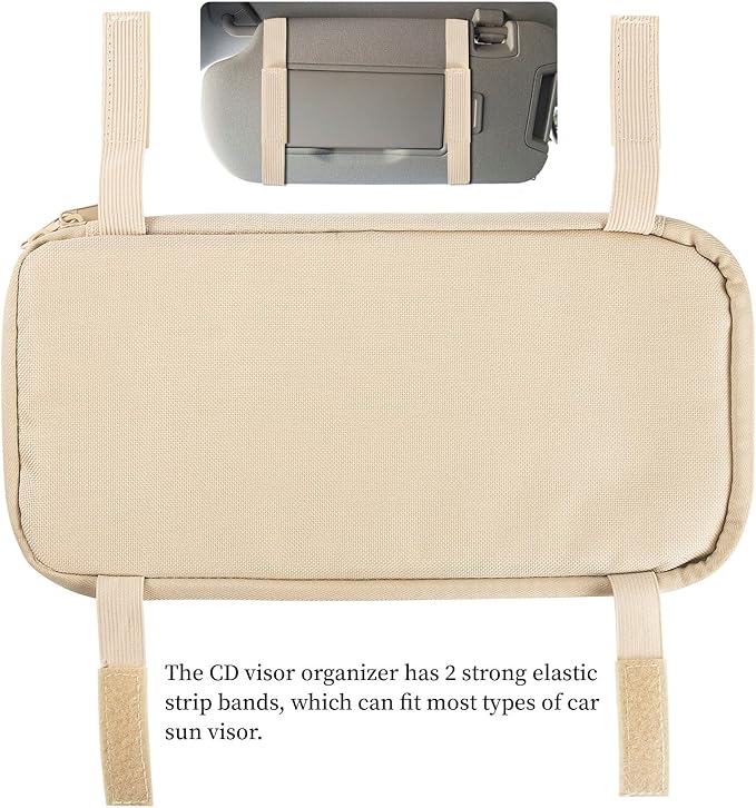 alavisxf xx Car CD Holder, DVD Vehicle Visor Storage Organizer, Large Capacity CD Visor Case with 12 Sleeves, 1 Mesh Pocket, 1 Pen Holder, 1 Back Inner Pocket (Apricot)