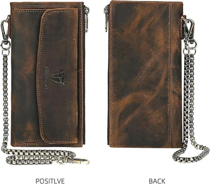 Genuine Crazy Horse Leather Travel Gift Coin Pocket Card Case Long Organizer Chain Rfid Wallet Purse With Snap For Men Male 1803 1815 (1803 Silver)