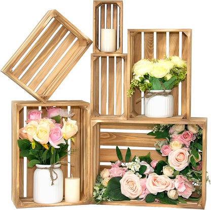 Wooden Crates for Display 6 Pack Extra Large Rustic Nesting Wooden Basket with Handle, Decorative Farmhouse Wood Crate for Storage and Container, 6 Size Wood Basket Decor Boxes