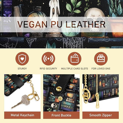 Jogjam Bookshelf and Skull Goth Gothic Skeleton Rfid Women Wallet, Small Slim Thin Compact Travel Credit Card Wallet, PU Leather Bifold Cash Wallet, Zipper Coin Pocket ID Window, Female Ladies Gifts