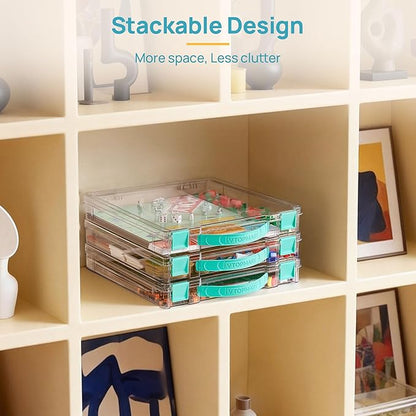 Vtopmart 2 Pack Board Game Storage with Handle and Snap-Tight Latch Lid, Craft Organizer Box Fit 12" x 12" Papers, Stackable Clear Storage Box for Art Supply Storage, Paper Storage, Puzzle Storage
