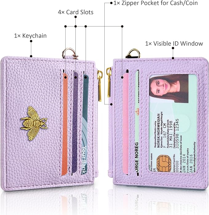 SEAVILIA Card Holder Keychain Wallet for Women with ID Window RFID Blocking Coin Purse Bee Gifts Slim Minimalist Small PU Leather