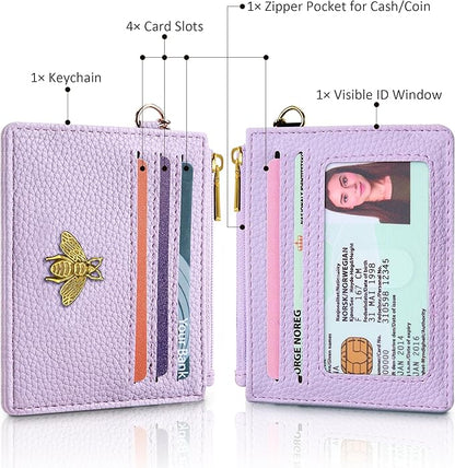 SEAVILIA Card Holder Keychain Wallet for Women with ID Window RFID Blocking Coin Purse Bee Gifts Slim Minimalist Small PU Leather