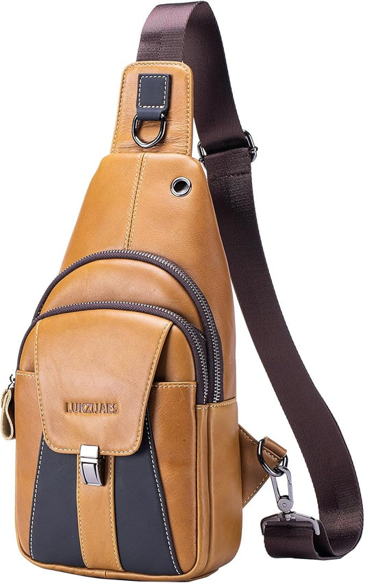LUKZIJAES Genuine Leather Sling Bag for Men Vintage Crossbody Bag Men Chest Pack Mens Cross Shoulder Bags Hiking Daypacks Travel Backpack (#2-Brown)