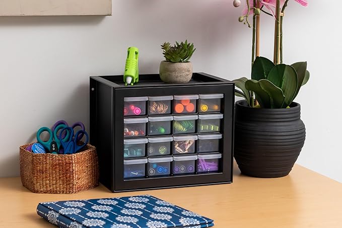 IRIS USA Small Plastic Storage Drawers, Made in USA, 16-Drawer Organizer, Stackable Teacher Toolbox for Crafts, Crayons, Beads, Screws, Hardware, Building Bricks, Desk & Garage Storage – Black