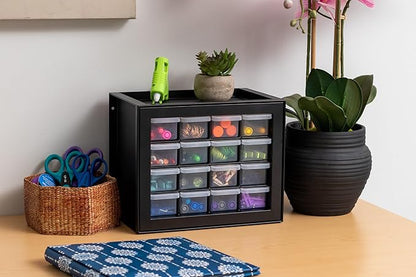 IRIS USA Small Plastic Storage Drawers, Made in USA, 16-Drawer Organizer, Stackable Teacher Toolbox for Crafts, Crayons, Beads, Screws, Hardware, Building Bricks, Desk & Garage Storage – Black