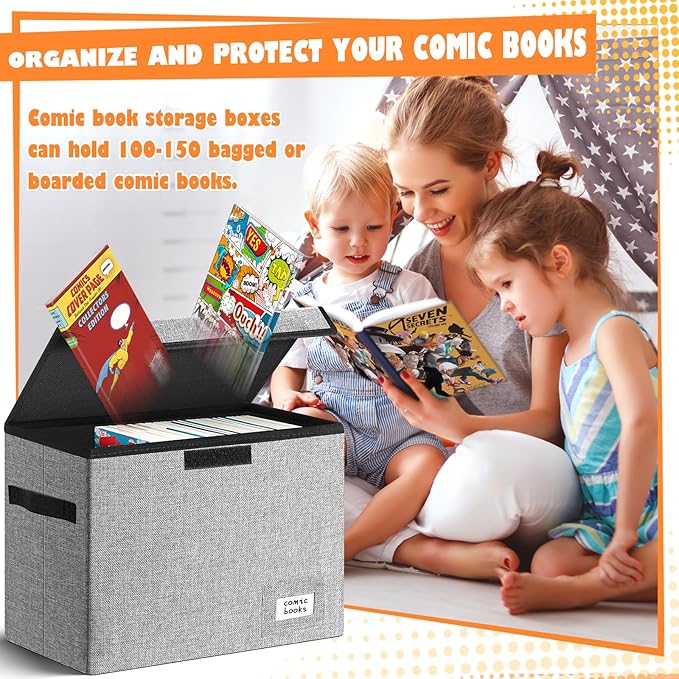 Leffis Comic Book Storage, Box 15.5" X 7.5" X 11.3", Collapsible Comic Short Box with Lids Holds 150 Comics Heavy Duty Comic Book Bin Container (2 pack, grey)