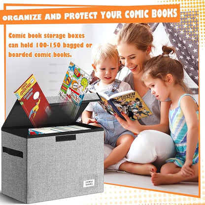 Leffis Comic Book Storage, Box 15.5" X 7.5" X 11.3", Collapsible Comic Short Box with Lids Holds 150 Comics Heavy Duty Comic Book Bin Container (2 pack, grey)