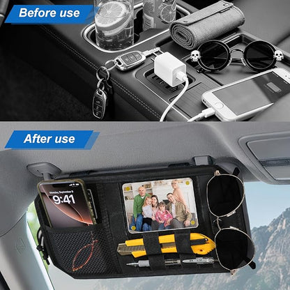 Car Sun Visor Organizer,Truck Accessories with Photo Frame & Zippered Pocket, Universal Visor Organizer Bag with Acrylic Window, Fits Most Cars for Storage