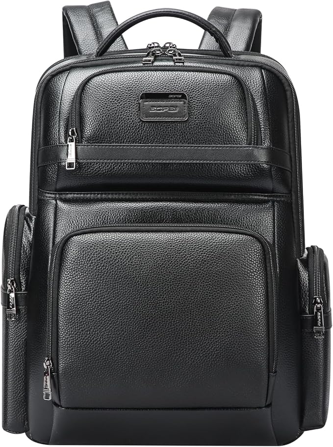 BOPai Genuine Leather Laptop Backpack Men for 15.6 inch Business Smart Professional Lightweight Backpack with USB Charging Office Commuter Computer Rucksack Executive Anti Theft Black