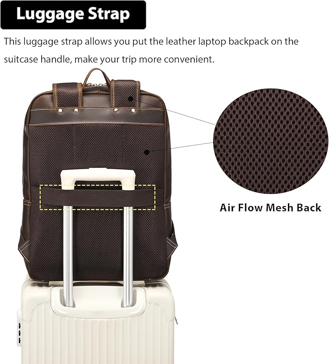 LANNSYNE Full Grain Leather Backpack For Men, 17" Laptop Backpack, Casual Outdoor Business Travel Rucksack, YKK Zippers