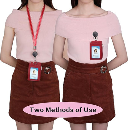 【2025 Latest】 Cute ID Badge Holder Retractable Lanyard Reel Clip with Heavy Duty Carabiner, 5 Card Slots in 2 Sided with Key Ring and Zipper for Women Students Teens Girls Office Staff (Red)