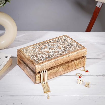 Ajuny Handmade Wooden Decorative Storage Box Star Floral Pattern Multipurpose Keepsake Treasure Chest Box for Memory Cards, Watches, Jewlery and Small Accessories Gift for Men and Women - 8X5 Inch