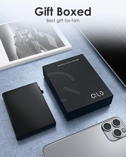 QLD Minimalist Wallet for Men - RFID Blocking [Smart & Practical] Trifold Slim Card Holder Pop Up Wallets Metal Case for Front Pocket with Cash Slot, ID Window, Magnetic Closure