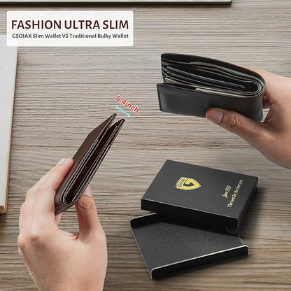 GSOIAX Slim Leather RFID Bifold Wallet for Men Minimalist Front Pocket Wallet with Money Clip,12 Card Slots,ID Window,Cool Groove Design,Includes Gift Box (Leather Brown)