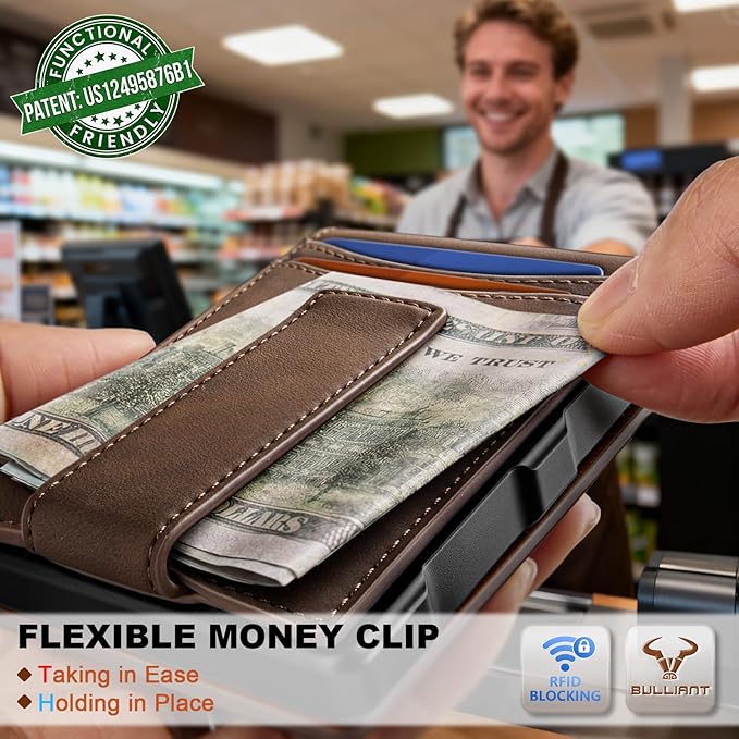 BULLIANT Men Wallet,Metal Case Money Clip with Grain Leather Flip 11 Cards-Pop-up Access Magetic Closure