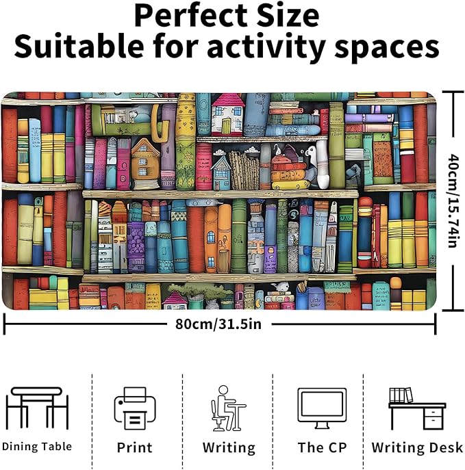 Book Lover's Desk Mat, Large PU Leather Desk Pad with Non-Slip Base, Literary Office Keyboard Mat Ideal Gift for Readers, Gaming & Home Work （31.5 * 15.75in）