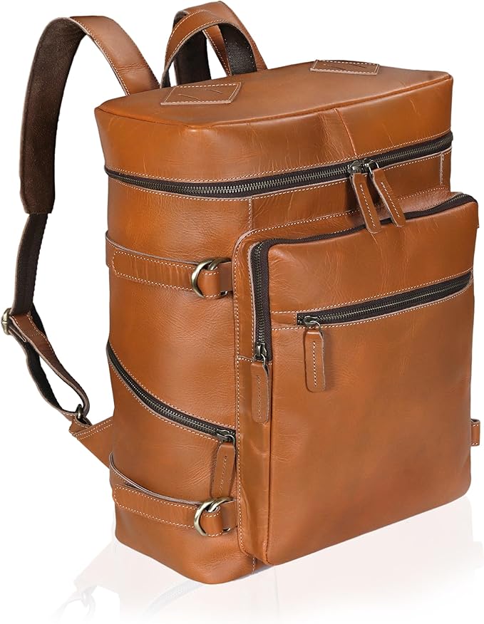 HLC Leather Tan Backpack For Men Genuine Laptop Rucksack For Men Women Genuine Leather Vintage Large Capacity Business Retro Travel Camping Daypack (17 Inch Tan)