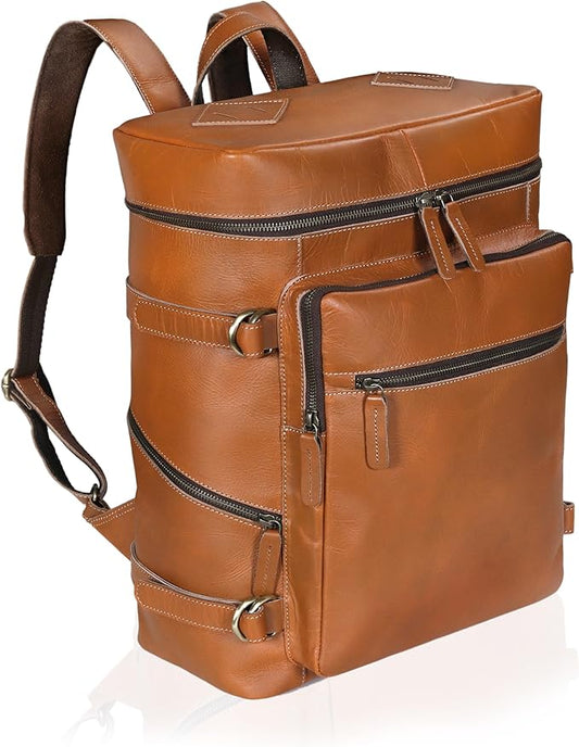 HLC Leather Tan Backpack For Men Genuine Laptop Rucksack For Men Women Genuine Leather Vintage Large Capacity Business Retro Travel Camping Daypack (17 Inch Tan)