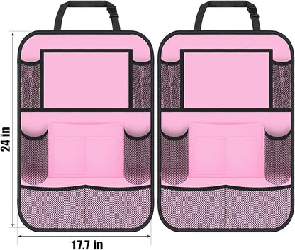 ULEEKA Car Backseat Organizer with 11" Table Holder, 10 Storage Pockets Seat Back Protectors Kick Mats for Kids Toddlers, Travel Accessories, 2 Pack, Pink