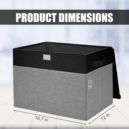 Large 17" 42 Quarts Collapsible Stackable Storage Bins with Lids [3-Pack] Foldable Fabric Linen Storage Boxes Cube, Closet Organizer Baskets with Label for Home (16.7 x 12 x 12", Black & Gray)