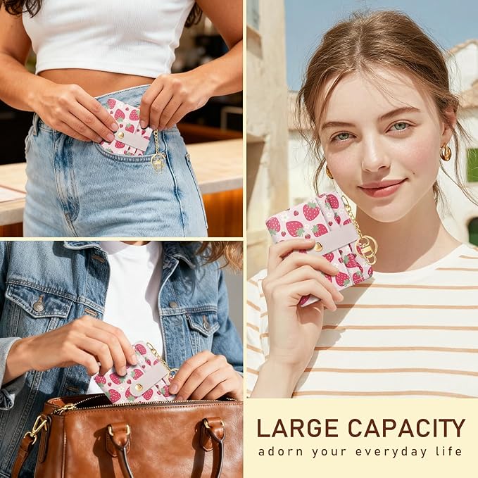 Jogjam Strawberry Rfid Girls Girly Teen Wallet, Small Slim Thin Compact Travel Credit Card Women Wallet, Cute PU Leather Bifold Cash Zipper Coin Pocket ID Window for Female Ladies Gifts