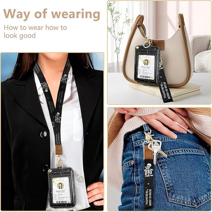 2-in-1 Lanyard Wallet &ID Badge Holder, Breakaway Wristlet & Neck Lanyard with Zip ID Case, Leather ID Card Holder Keychain Name Badge Clip for Worker Nurse Teacher (As Far As I Know I'm Delightful)