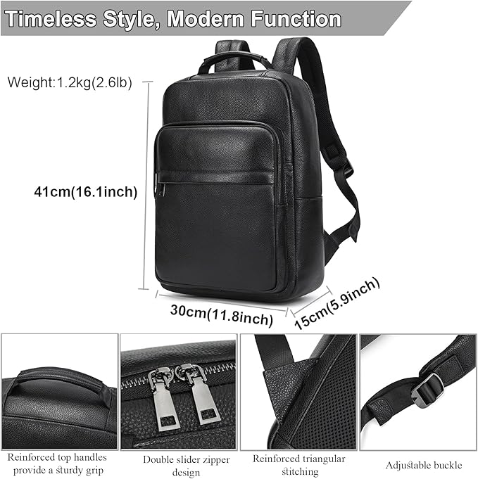 Durable Genuine Leather Backpack - 15.6 Inch Laptop Bag for Business Commute & Travel, Large Capacity Multi-Pocket Backpack for Men/Women, Black