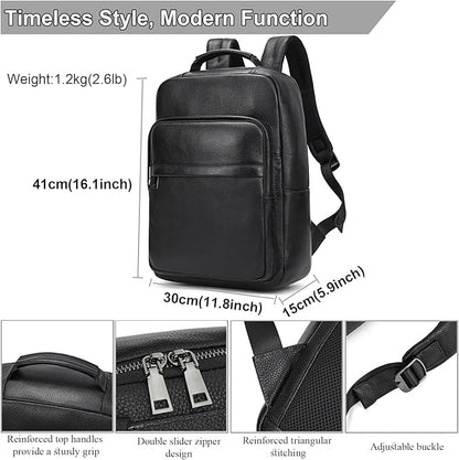 Durable Genuine Leather Backpack - 15.6 Inch Laptop Bag for Business Commute & Travel, Large Capacity Multi-Pocket Backpack for Men/Women, Black
