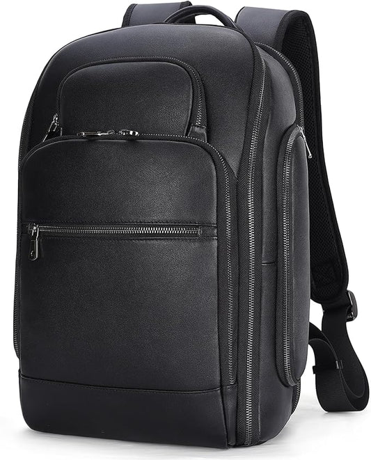 TIDING Men's Leather Laptop Backpack Fits 15.6 Inch Computer, TSA Approved & Water Resistant Work Daypack Business Travel Rucksack, Black