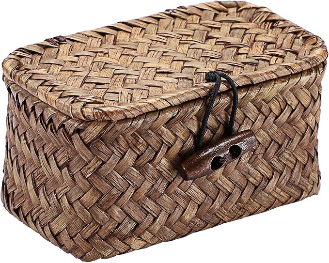 Hipiwe Mini Seagrass Basket with Lid Wicker Storage Basket Small Handwoven Multipurpose Desktop Baskets Home Decor, 4.3"L x 2.5"W x 2.1"H