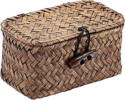 Hipiwe Mini Seagrass Basket with Lid Wicker Storage Basket Small Handwoven Multipurpose Desktop Baskets Home Decor, 4.3"L x 2.5"W x 2.1"H