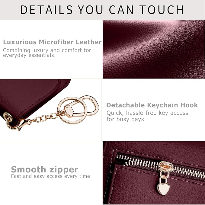 Women Small Wallet RFID Blocking Slim Wallet with Coin Pocket Tri-Fold Credit Card Holder with ID Window and Keychain (Burgundy)
