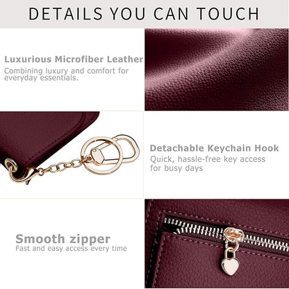 Women Small Wallet RFID Blocking Slim Wallet with Coin Pocket Tri-Fold Credit Card Holder with ID Window and Keychain (Burgundy)