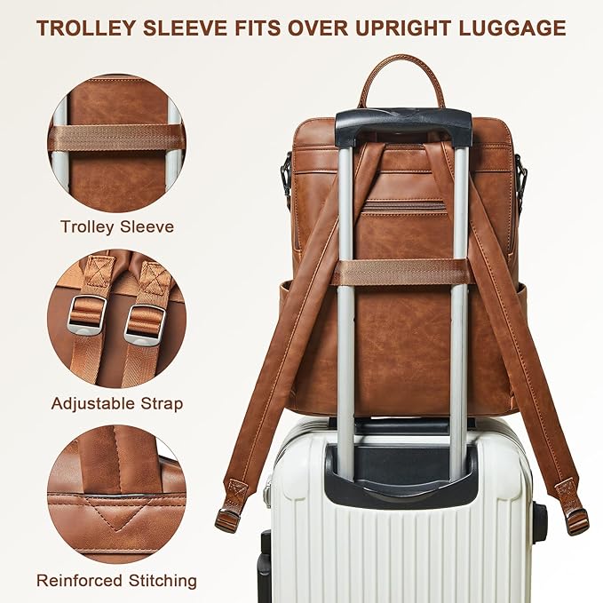 Shrrie Laptop Backpack for Women 15.6 inch,Travel Leather Backpack Purse Nurse Teacher Carry on Backpack Computer Bag,Professional Water-Resistant College Business Work Casual Daypack,Brown